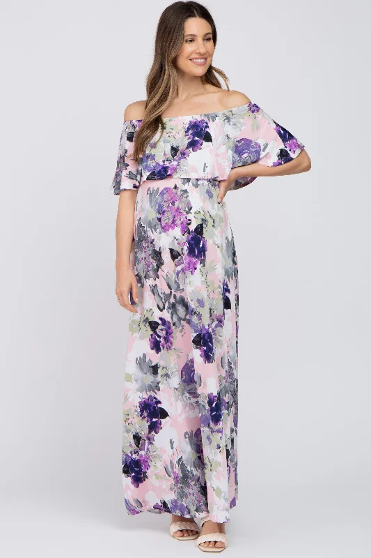 Purple Floral Ruffle Off Shoulder Maternity Maxi Dress Cozy Spaghetti Strap Maxi Dress