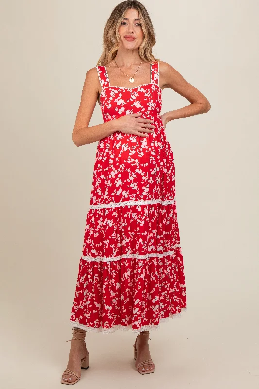 Red Floral Lace Trim Tiered Maternity Maxi Dress Stylish V-Neck Maxi Dress