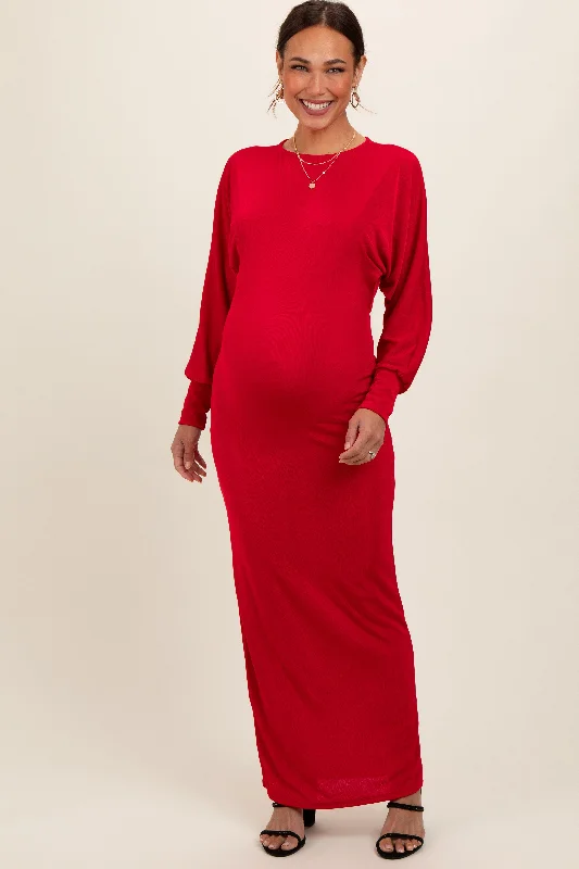 Red Long Sleeve Open Back Maternity Maxi Dress Stylish Longline Maxi Dress