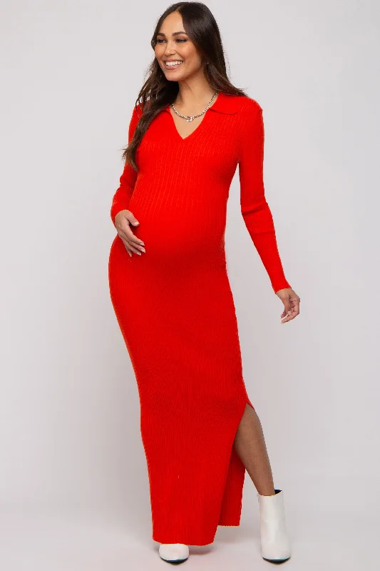 Red Orange Rib Knit Collared Maternity Maxi Dress Trendy Floral Print Maxi Dress