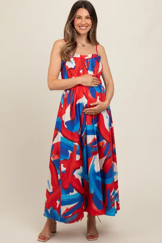 Red Pleated Binding Brushed Print Maternity Maxi Dress Comfortable Maxi Dress with Sleeves