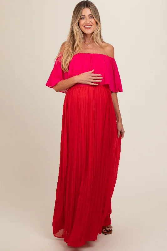 Red Pleated Off Shoulder Colorblock Maternity Maxi Dress Chic Summer Maxi Dress