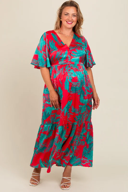 Red Satin Palm Print Button Front Maternity Plus Maxi Dress Stylish Button-Up Maxi Dress