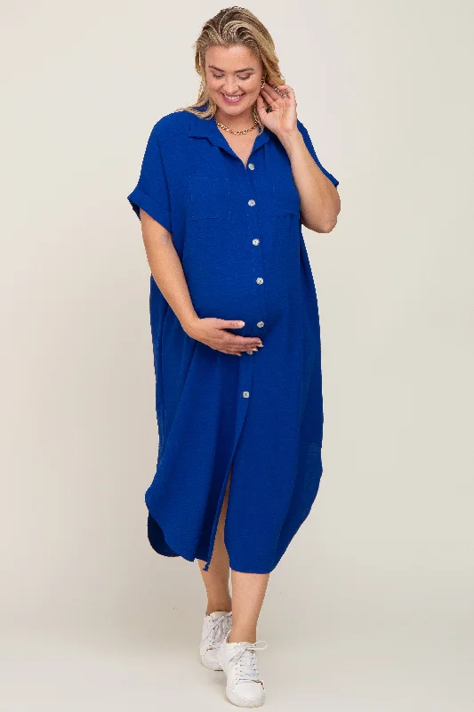 Royal Blue Button Down Hi Low Maternity Plus Maxi Dress Elegant Maxi Dress with Slit