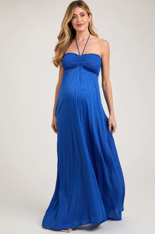 Royal Blue Smocked Halter Maternity Maxi Dress Classic Tulle Maxi Dress