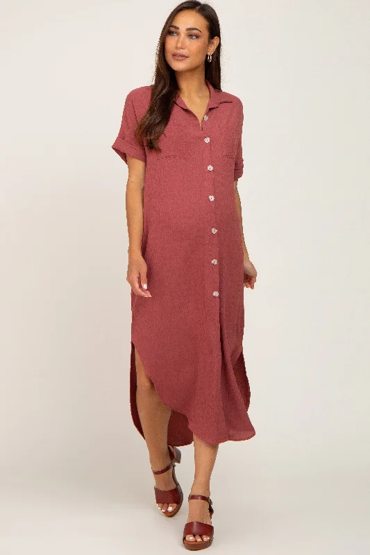 Rust Button Down Hi Low Maternity Maxi Dress Comfortable Maxi Dress with Slits