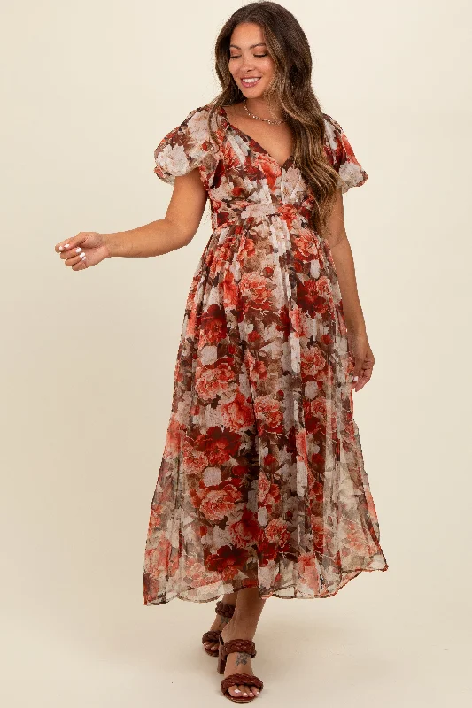 Rust Floral Puff Sleeve Maternity Maxi Dress Comfortable Pleated Maxi Dress