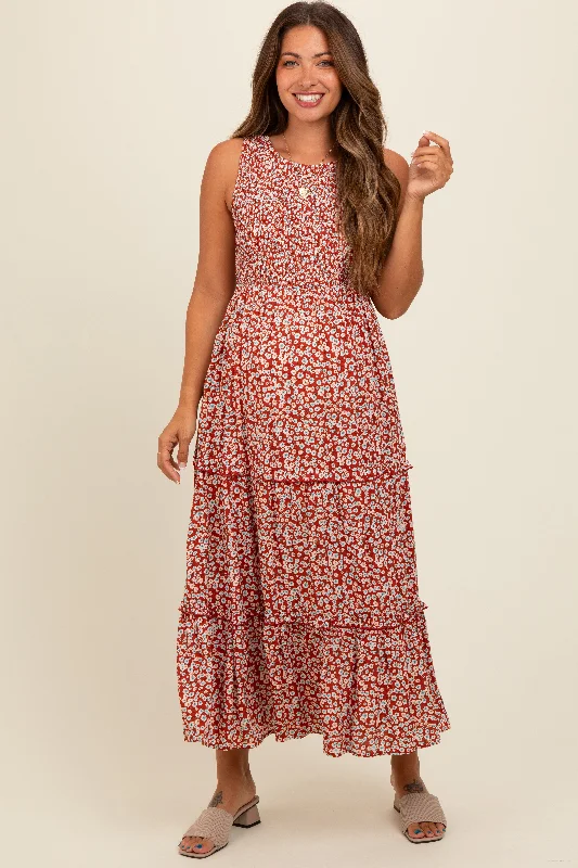 Rust Floral Sleeveless Ruffle Tiered Maternity Maxi Dress Comfortable Cotton Maxi Dress