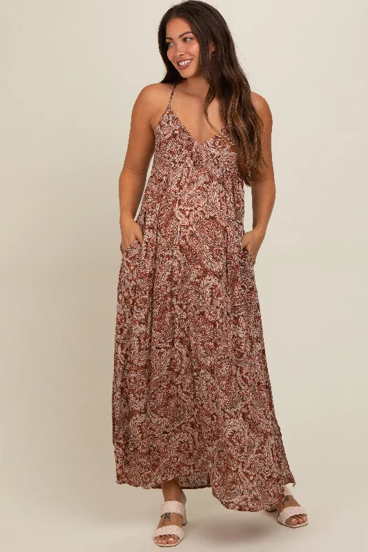 Rust Paisley Babydoll Cami Strap Maternity Maxi Dress Trendy Maxi Dress with Straps