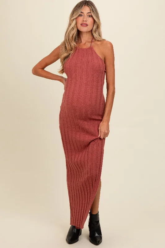 Rust Ribbed Knit Halter Neck Maternity Maxi Dress Classic Solid Maxi Dress