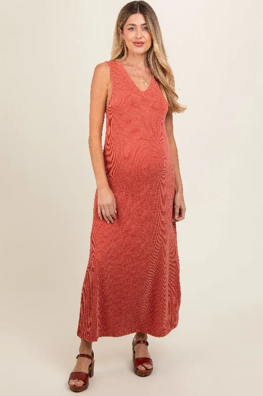 Rust Sleeveless Ribbed Maternity Maxi Dress Elegant Maxi Dress with Belt