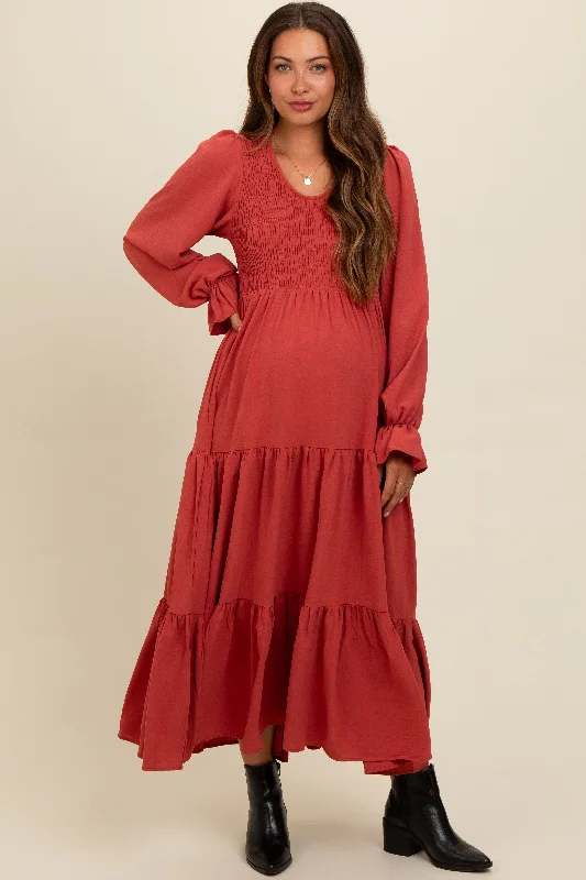 Rust Smocked Tiered Long Sleeve Maternity Maxi Dress Stylish Long Sleeve Maxi Dress