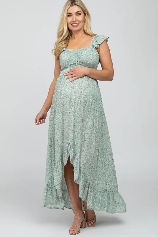 Sage Floral Smocked Hi-Low Maternity Maxi Dress Classic A-Line Maxi Dress