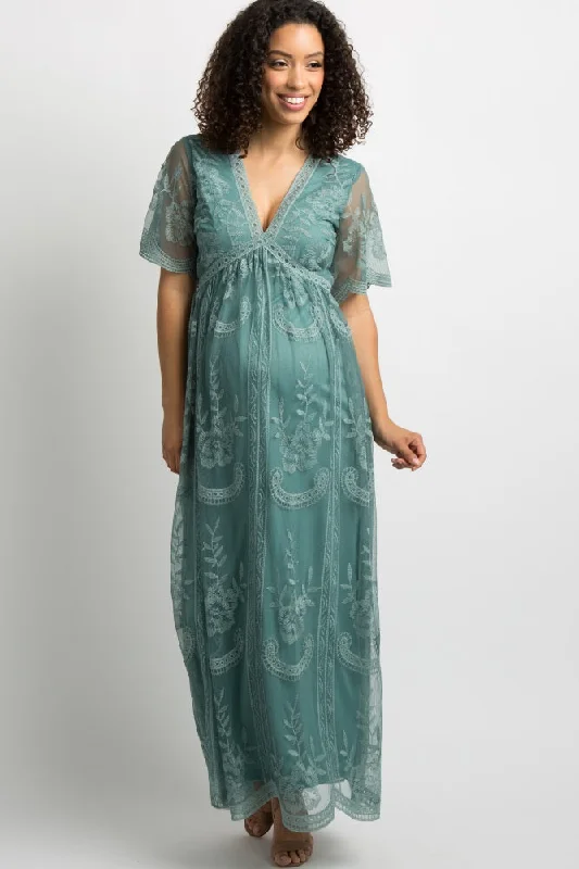 Sage Lace Mesh Overlay Maternity Maxi Dress Trendy Printed Maxi Dress