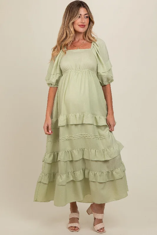 Sage Ruffle Tiered Maternity Maxi Dress Elegant Maxi Dress with Drapes