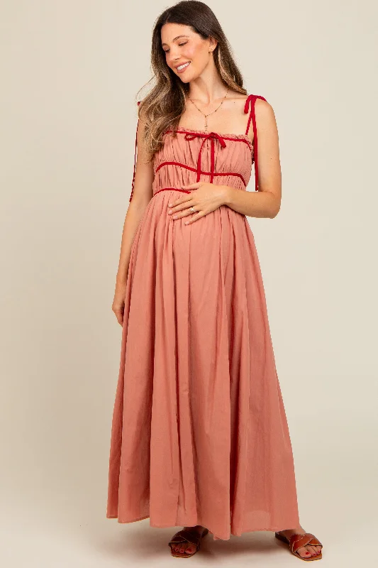 Salmon Contrast Ribbon Trim Maternity Maxi Dress Trendy Ruffled Maxi Dress