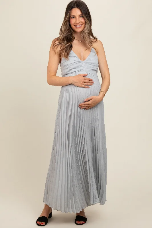 Silver Pleated Back Cutout Tie Maternity Maxi Dress Chic Off-Shoulder Maxi Dress