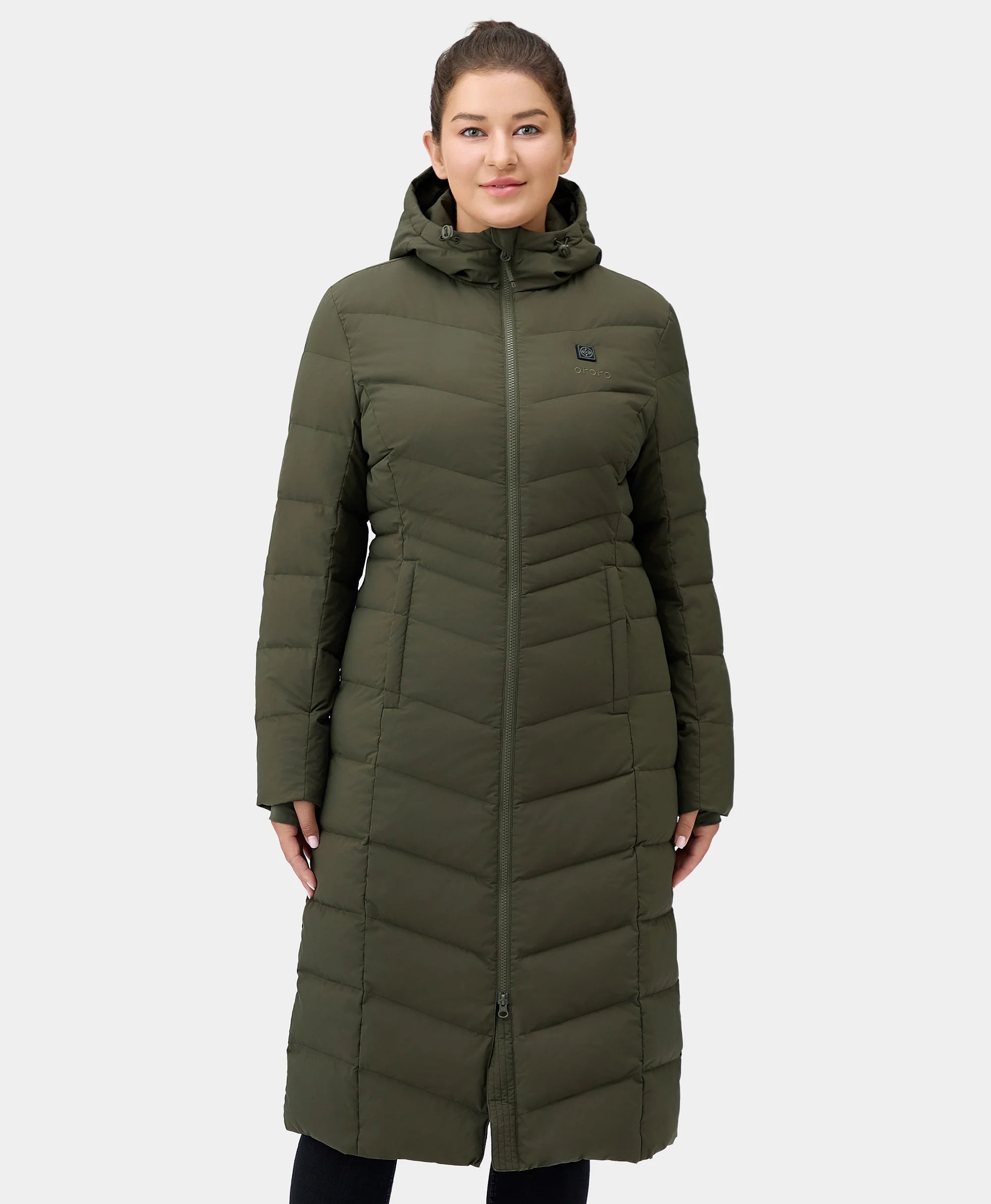 SOHO Women's Heated Down Parka Jacket - Green Front Pockets Side Pockets Patch Pockets