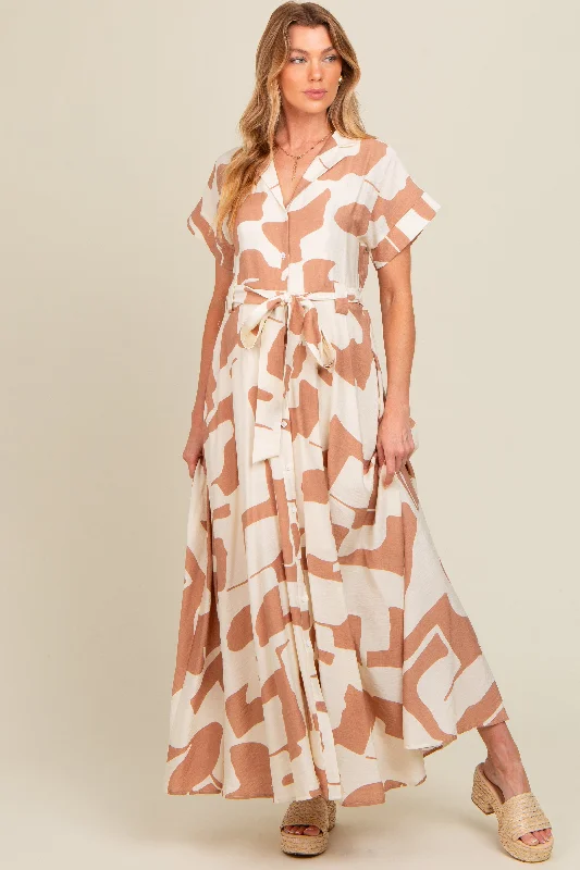 Taupe Printed Sash Tie Button Down Maternity Maxi Dress Comfortable Maxi Dress with Sleeves