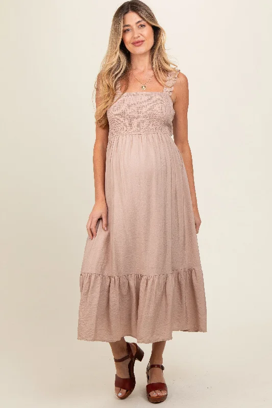 Taupe Smocked Bodice Maternity Maxi Dress Chic Button-Up Maxi Dress