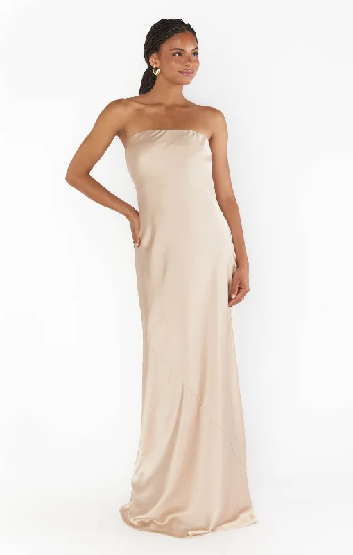 Taylor Tube Maxi Dress ~ Champagne Luxe Satin Trendy Ruffled Maxi Dress