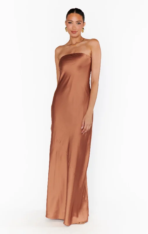 Taylor Tube Maxi Dress ~ Copper Luxe Satin Cozy Open-Back Maxi Dress