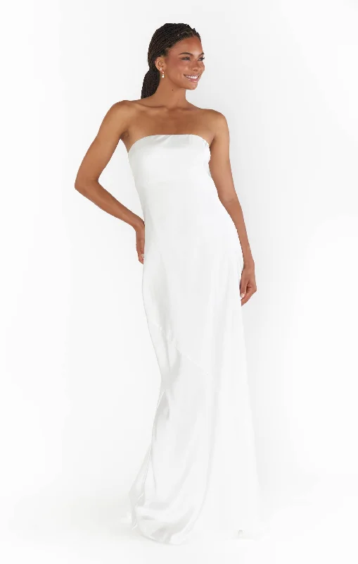 Taylor Tube Maxi Dress ~ Ivory Luxe Satin Elegant Maxi Dress with Drapes