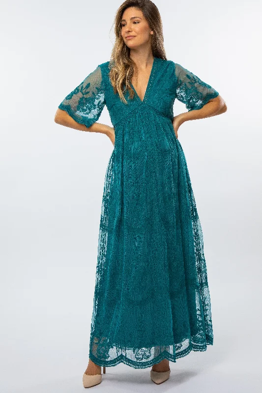 Teal Lace Mesh Overlay Maternity Maxi Dress Trendy Printed Maxi Dress