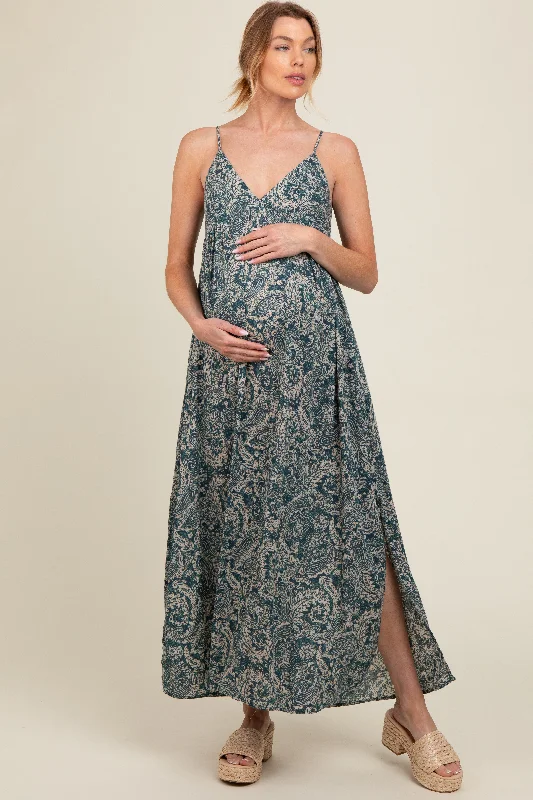 Teal Paisley Babydoll Cami Strap Maternity Maxi Dress Elegant Pleated Maxi Dress