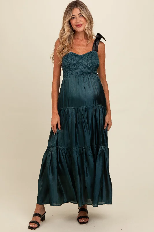 Teal Tiered Satin Tie-Strap Maternity Maxi Dress Classic Tulle Maxi Dress