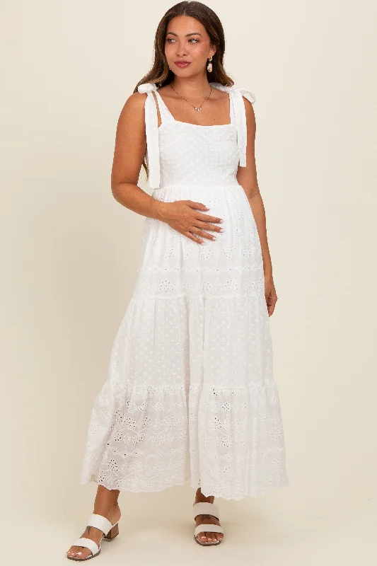 White Embroidered Eyelet Lace Maternity Maxi Dress Stylish Pleated A-Line Maxi Dress