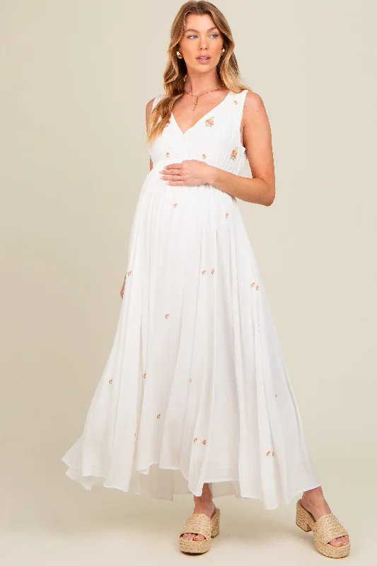 White Floral Embroidered Sleeveless Maternity Maxi Dress Elegant Lace Maxi Dress