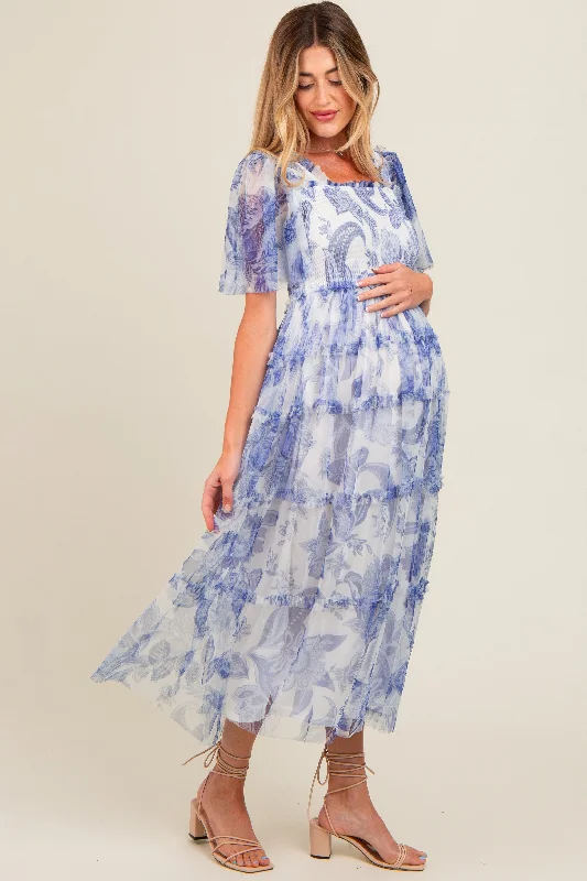 White Floral Smocked Tulle Maternity Maxi Dress Classic Tulle Maxi Dress