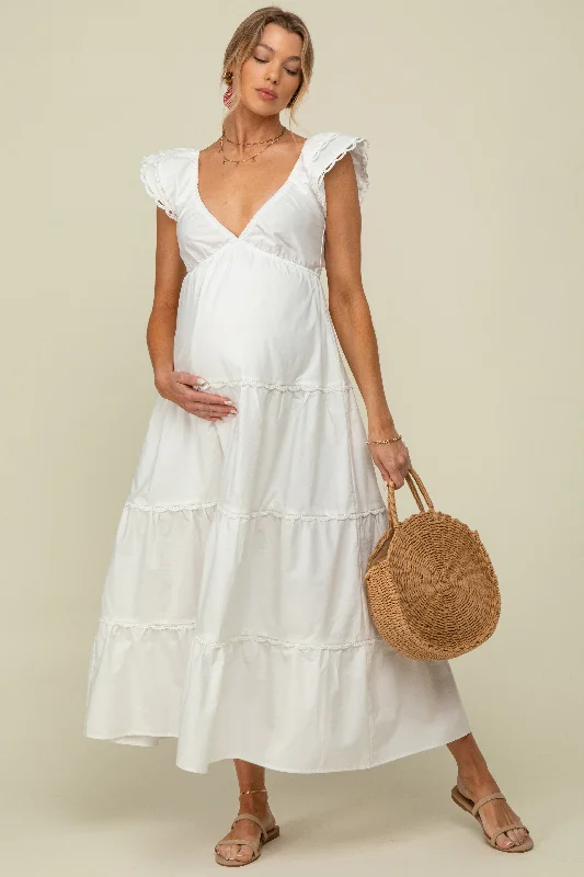 White Ruffle Trim Maternity Maxi Dress Fashionable Sheer Maxi Dress