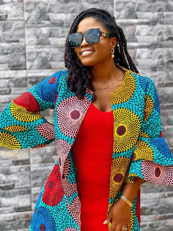 African Midi Jacket Ankara Print For Women Front Pockets Side Pockets Patch Pockets