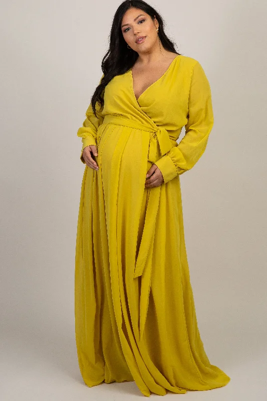 Yellow Chiffon Long Sleeve Plus Maternity Maxi Dress Fashionable High-Low Maxi Dress