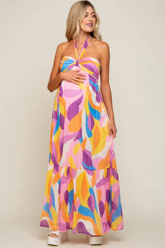 Yellow Printed Halter Maternity Maxi Dress Fashionable Off-Shoulder Maxi Dress