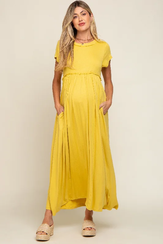 Yellow Short Sleeve Pocketed Maternity Maxi Dress Fashionable Halter Neck Maxi Dress