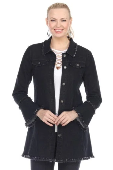 "Kelly" Black Wash Long Denim Jacket Notch Collar Peter Pan Collar Cowl Neck