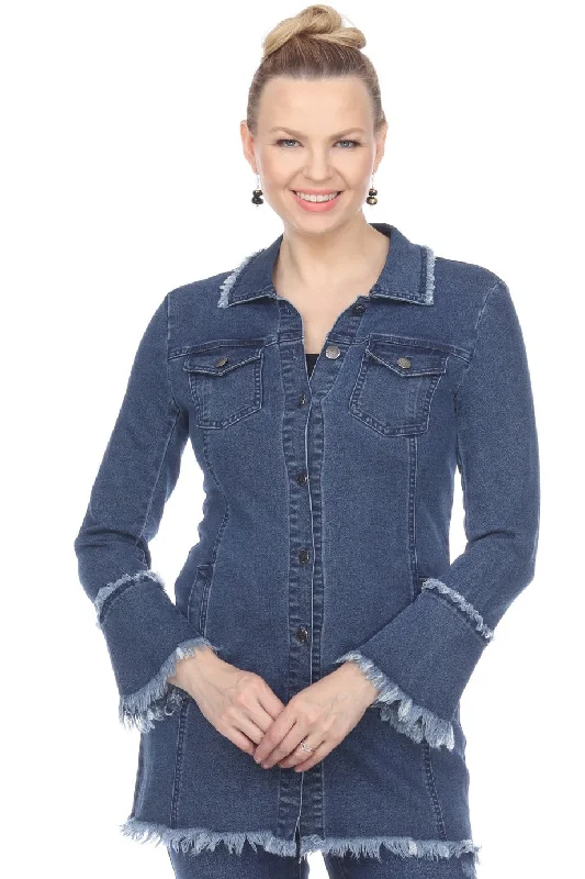 "Kelly" Medium Wash Long Denim Jacket Rayon Fabric Velvet Fabric Corduroy Fabric