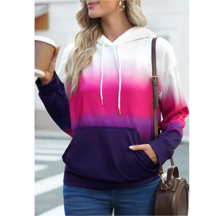 2 Pieces Women'S Autumn/Winter Gradient Print Kangaroo Pocket Hoodie Sweatshirt Hoodie with Hem Raw Edge Edgy Unfinished 2 Pieces Women'S Autumn/Winter Gradient Print Kangaroo Pocket Hoodie Sweatshirt Hoodie with Hem Raw Edge Edgy Unfinished