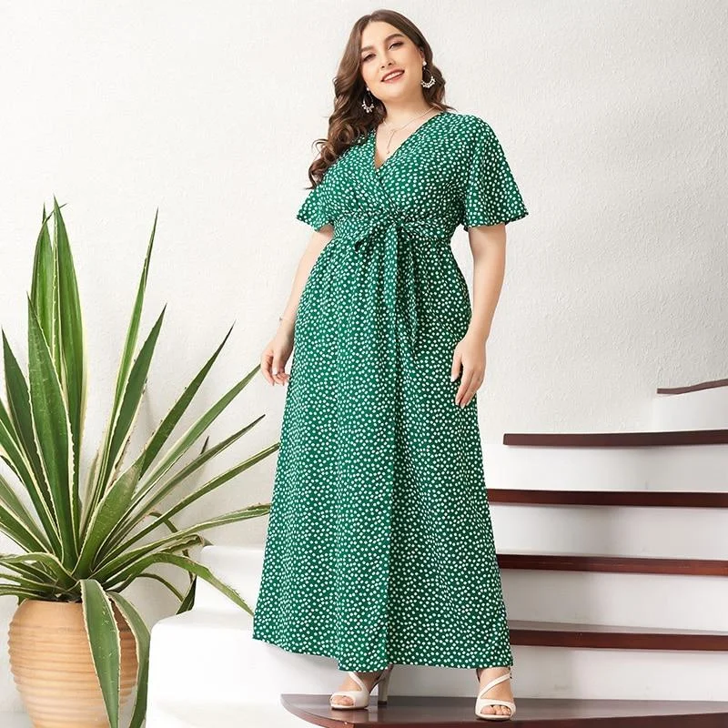 FashionSierra - Summer Maxi Dress Women Green Floral Sashes Front Belted Split Flared Short Sleeve V-neck Boho Holiday Robes Elegant Tiered Maxi Dress FashionSierra - Summer Maxi Dress Women Green Floral Sashes Front Belted Split Flared Short Sleeve V-neck Boho Holiday Robes Elegant Tiered Maxi Dress
