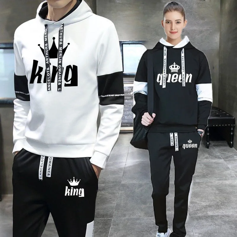 2023 Couples Hooded Tracksuit King or Queen Print Lovers Hoodies Sets Sweatshirt +Jogging Sweapants 2PCS Suits Matching Clothing Hoodie with Zipper Placket Modern Functional 2023 Couples Hooded Tracksuit King or Queen Print Lovers Hoodies Sets Sweatshirt +Jogging Sweapants 2PCS Suits Matching Clothing Hoodie with Zipper Placket Modern Functional