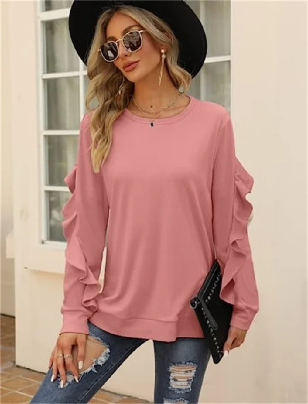 Autumn Winter Women Casual Round Neck Long Sleeve Ruffled Sweatshirt Hoodie with Pocket Utility Practical Autumn Winter Women Casual Round Neck Long Sleeve Ruffled Sweatshirt Hoodie with Pocket Utility Practical