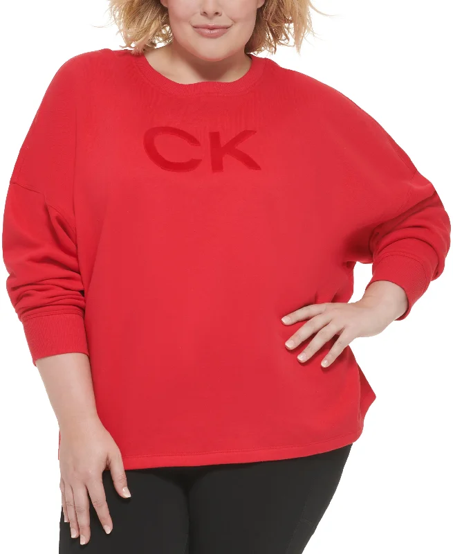 Calvin Klein Performance Plus Size Logo Fleece Crewneck Sweatshirt Hoodie with Puffed Sleeves Voluminous Trendy Calvin Klein Performance Plus Size Logo Fleece Crewneck Sweatshirt Hoodie with Puffed Sleeves Voluminous Trendy