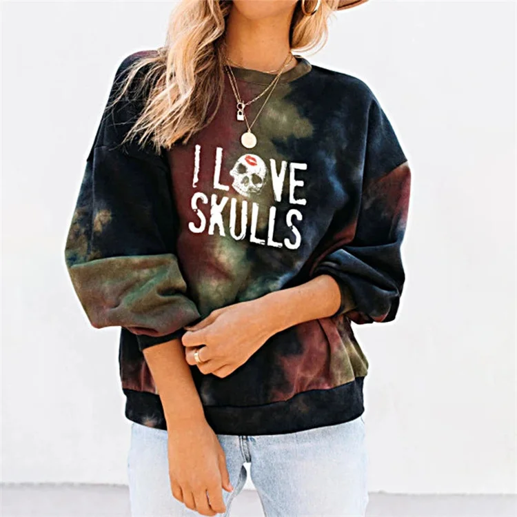 Casual Women Sweater Tie Dye Skull Letter Print Round Neck Sweatshirt Zip Hoodie Drawstring Kangaroo Pocket Casual Women Sweater Tie Dye Skull Letter Print Round Neck Sweatshirt Zip Hoodie Drawstring Kangaroo Pocket
