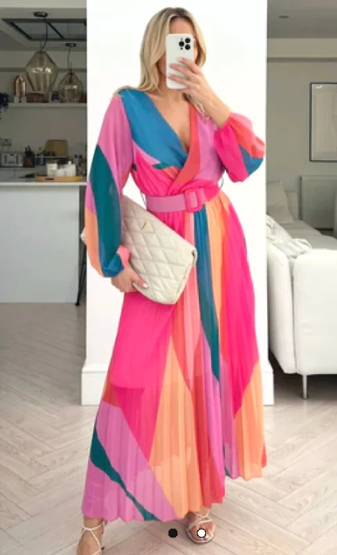 MULTI PATTERNED PLEATED LONG SLEEVE MAXI DRESS - Pink Fashionable Printed Maxi Dress MULTI PATTERNED PLEATED LONG SLEEVE MAXI DRESS - Pink Fashionable Printed Maxi Dress