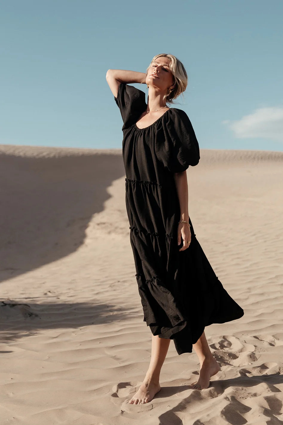 Corinne Tiered Maxi Dress in Black - FINAL SALE Fashionable Open-Back Maxi Dress