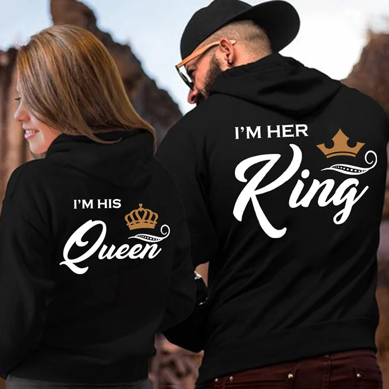 Couple Outfit Her King His Queen Letter Printed Couple Hooded Sweatshirt Hoodie with Stripes Bold Sporty Couple Outfit Her King His Queen Letter Printed Couple Hooded Sweatshirt Hoodie with Stripes Bold Sporty