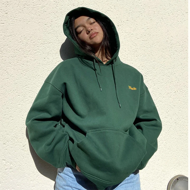 Fashion Casual Letter Printing Women'S Loose Long-Sleeved D.Green Top Sweatshirts Hoodie with Bell Sleeves Flared Feminine Fashion Casual Letter Printing Women'S Loose Long-Sleeved D.Green Top Sweatshirts Hoodie with Bell Sleeves Flared Feminine